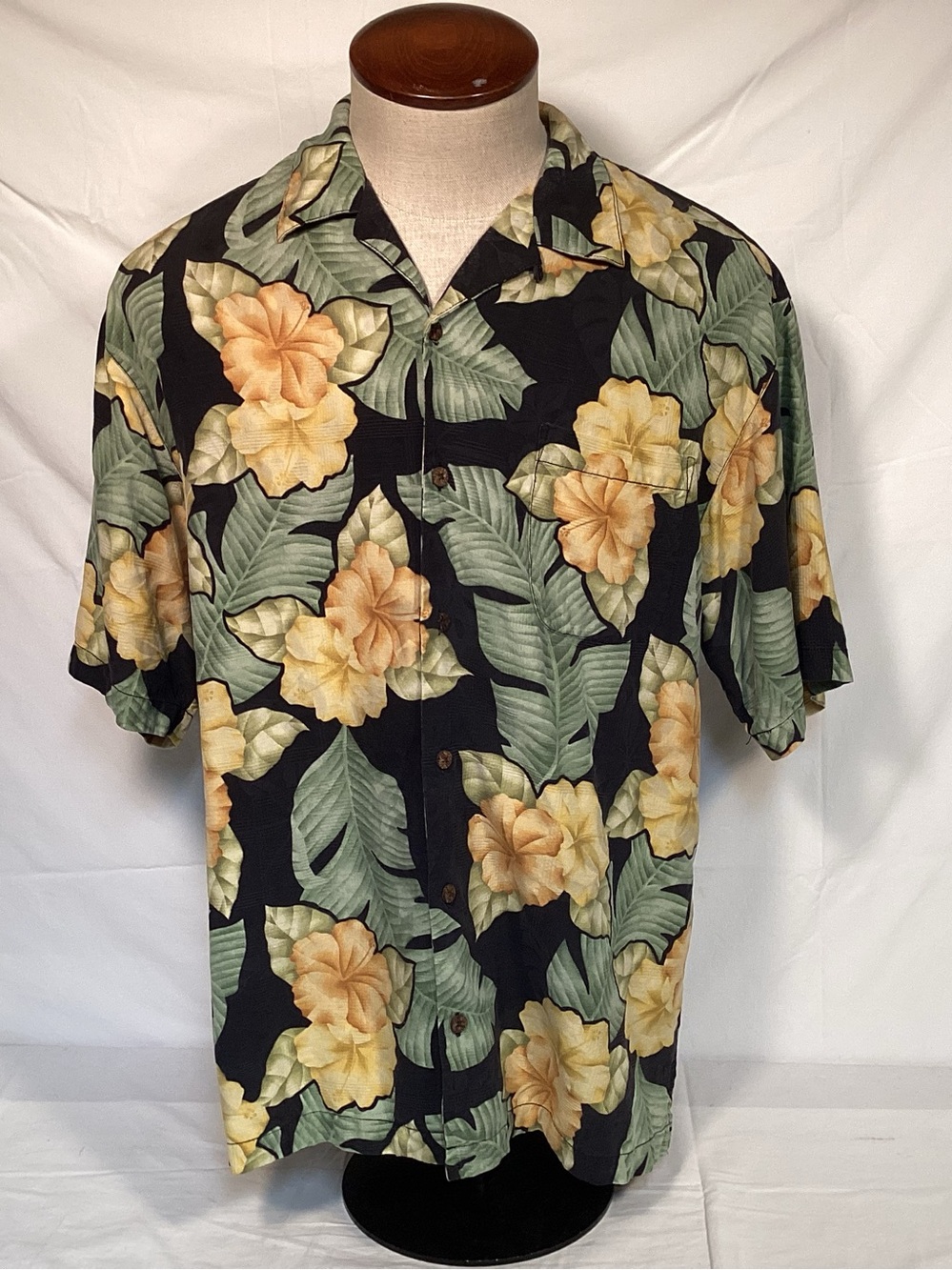 Tommy Bahama Silk Hawaiian Shirt Black With Yellow Floral Print Men’s Size Large